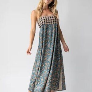 Boho Smocked Maxi Dress in Teal Floral